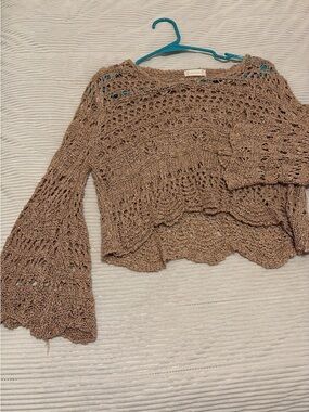 Altar'd State Taupe Crochet Off-the-Shoulder Bell-Sleeve Sweater